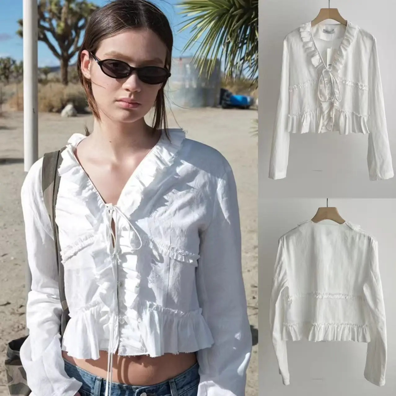 

White Long Sve V-Ne ort irt with Lace Trim Belt Classic Sle Korean Faion Women's Premium Quali Autumn New Arrival