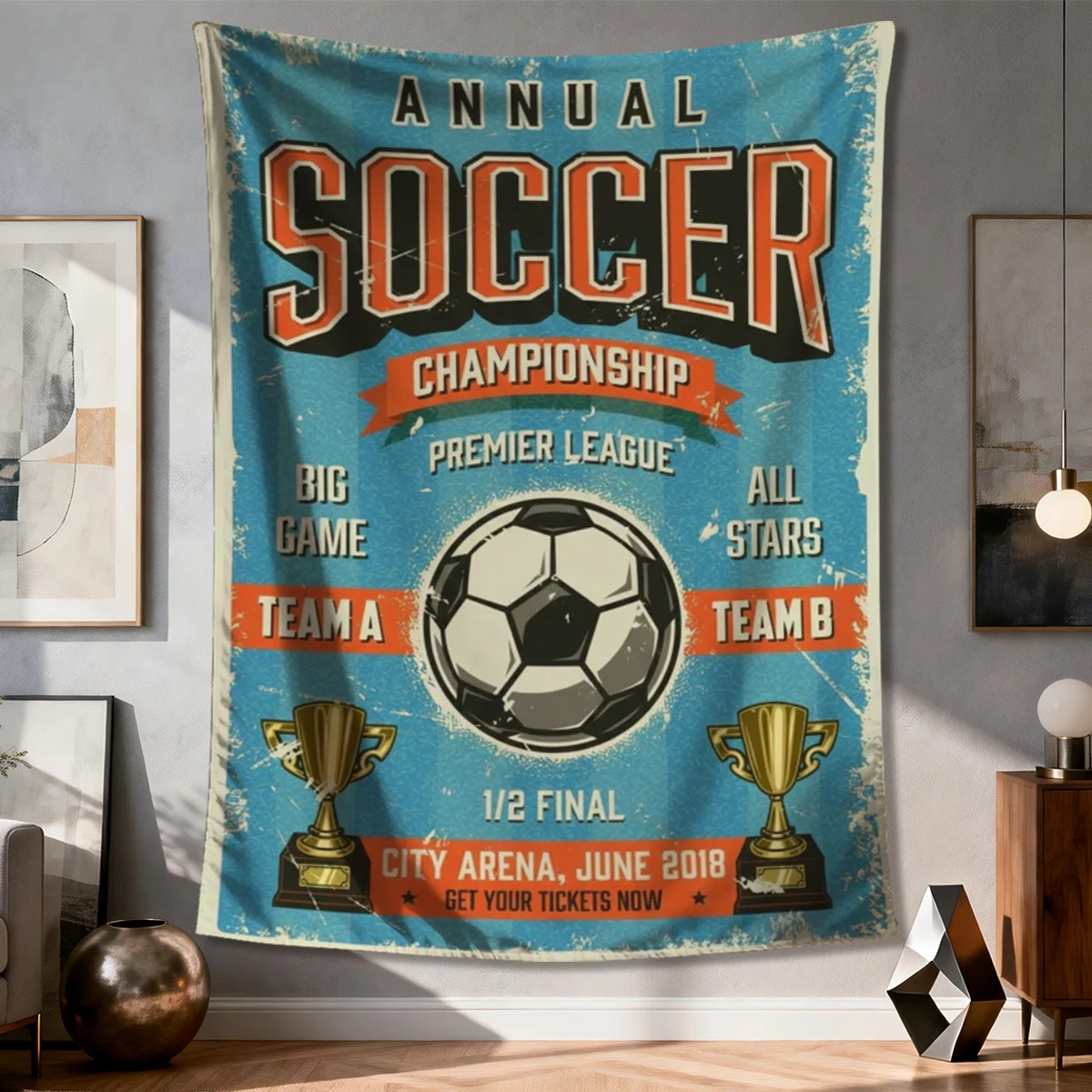 Retro Soccer Championship Tapestry, Vintage Football Poster Wall Hanging for Bedroom Dorm Decor, Sports Art Gift