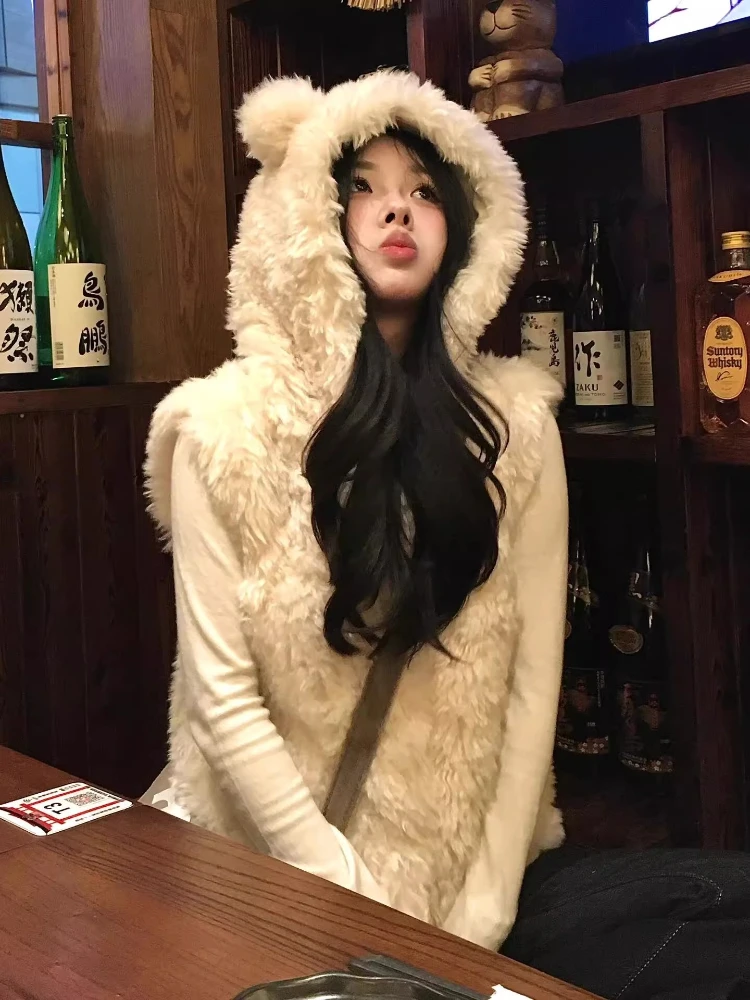 

Женский жилет с капюшоном и милыми животными, осень-зима 2022, новый жилет из искусственного меха, топ без рукавов, уютное теплое пальто, укороченный уличный топ