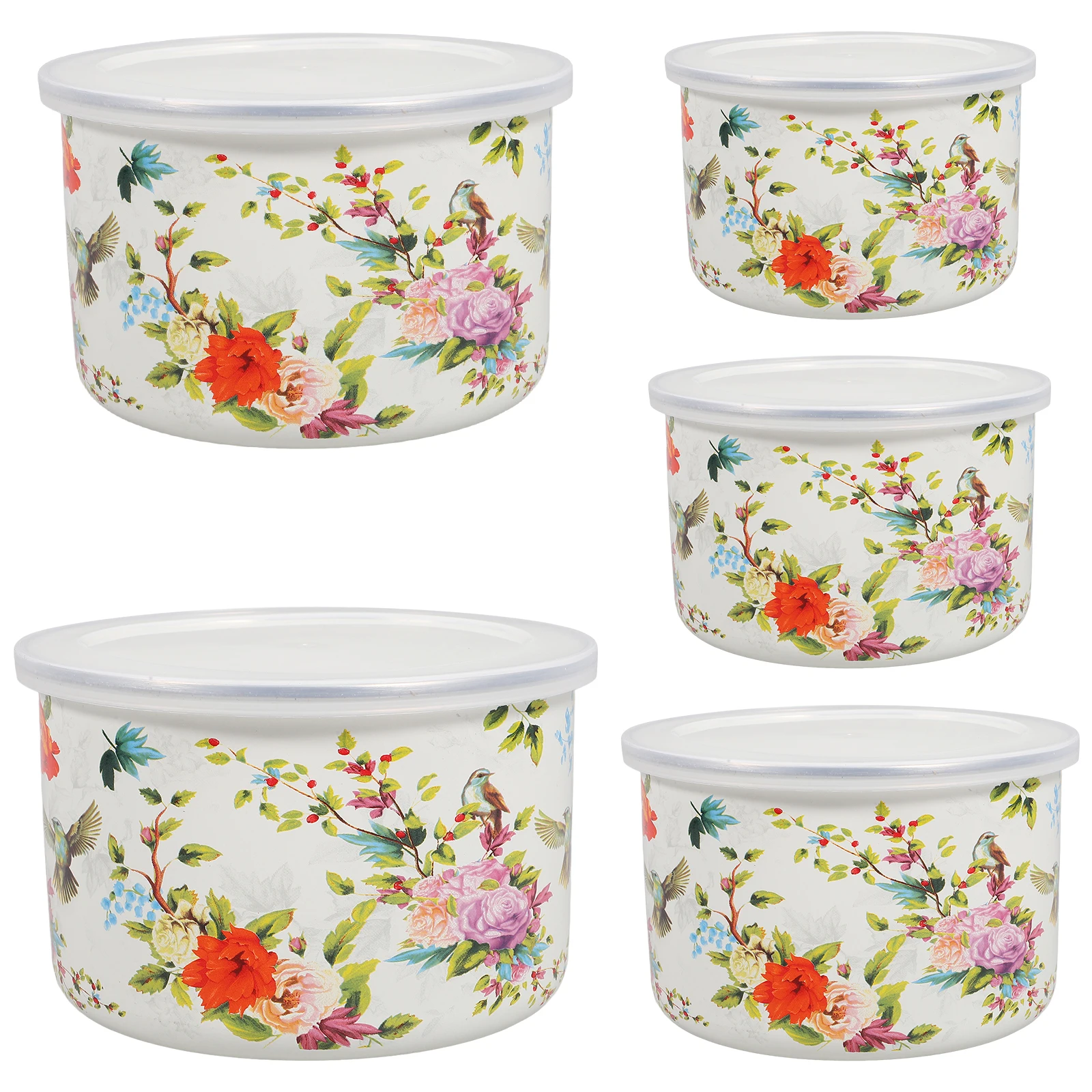 

5 Pcs Fresh Keeping Bowls Set Enamel Vintage Salad Pasta Rice Bowls Lids Transparent Food Containers Kitchen Storage