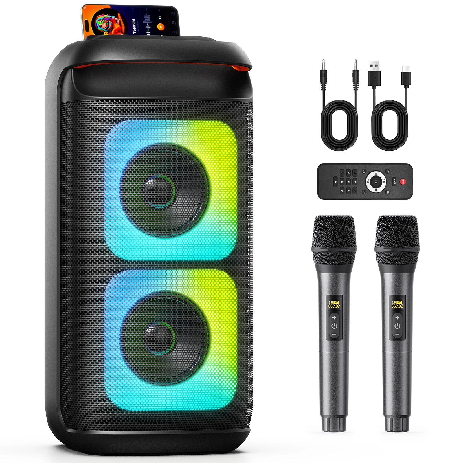 

Karaoke Machine with Two Wireless Microphones, Portable Bluetooth Speaker with Bass/Treble Adjustment, PA System