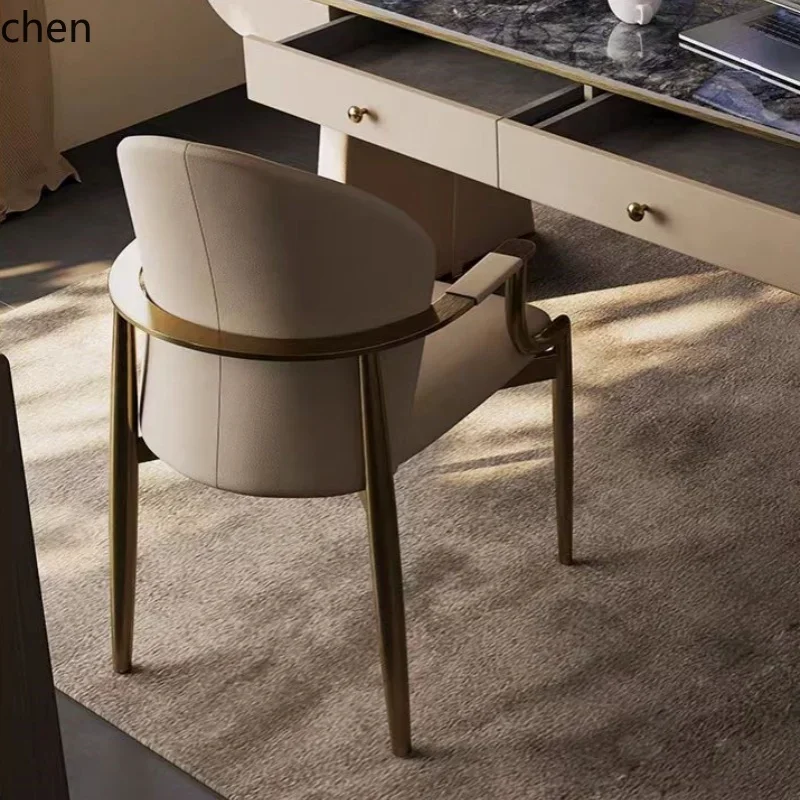 v1 Genuine Leather Dining Chair with Armrests, Light Luxury r, Master Chair,  with Backrest, Stainless Steel Balcony Leisure