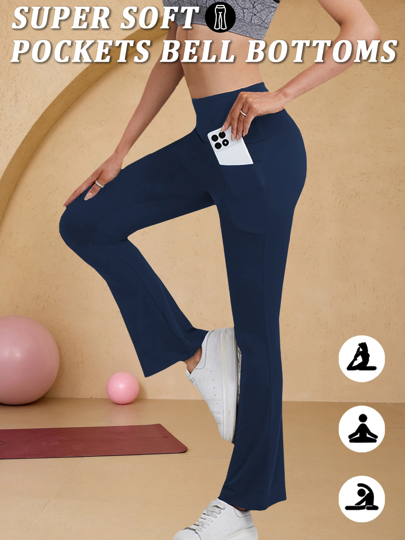 Damskie super miękkie spodnie typu flare z kieszeniami, legginsy do ćwiczeń, jogi, modelujące brzuch, z wysokim stanem, push-up, do fitnessu, na siłownię, dzwony.