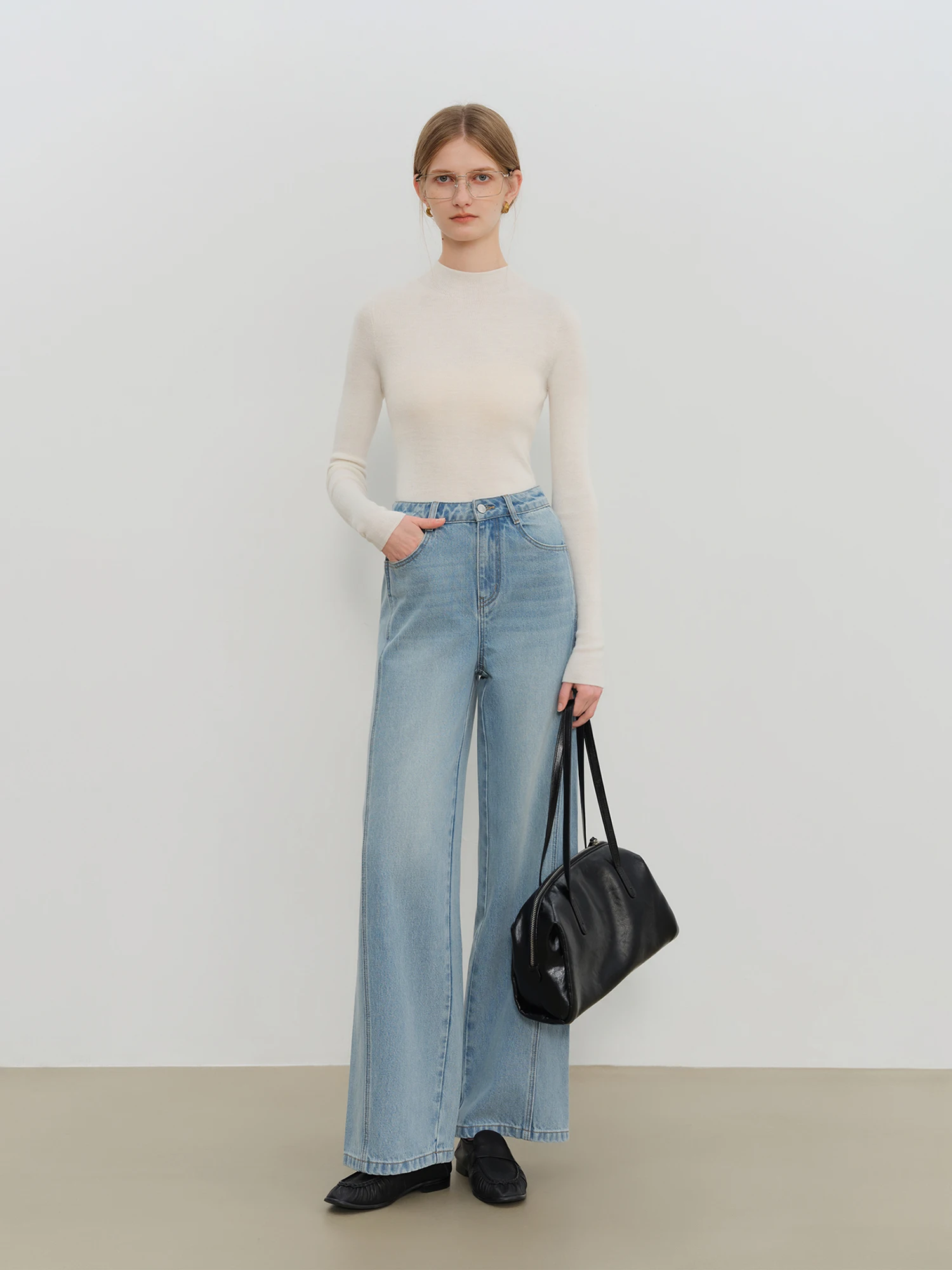ZIQIAO Petite Light Blue Side Seam Forward Straight Wide-leg Jeans for Women 2025 Hip-covering Floor-length Pants 25ZQ93116