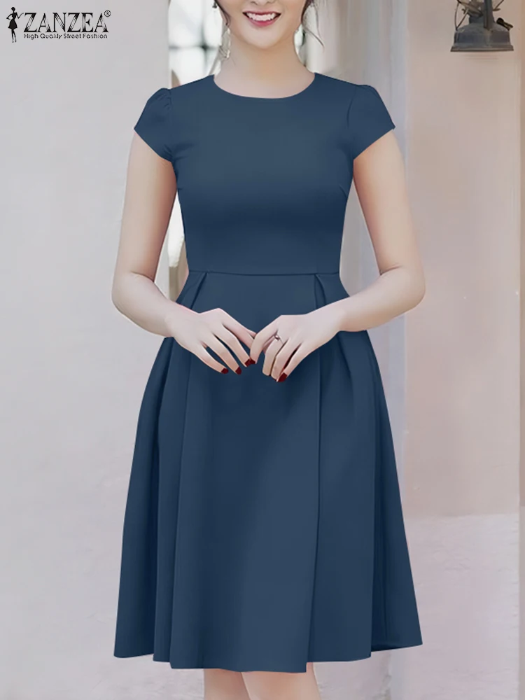 

Elegant Women's A-line Dresses ZANZEA Fashion O-Neck Short Sleeves Fitted Waist Midi Robes Femme Inverted Pleats Solid Vestidos