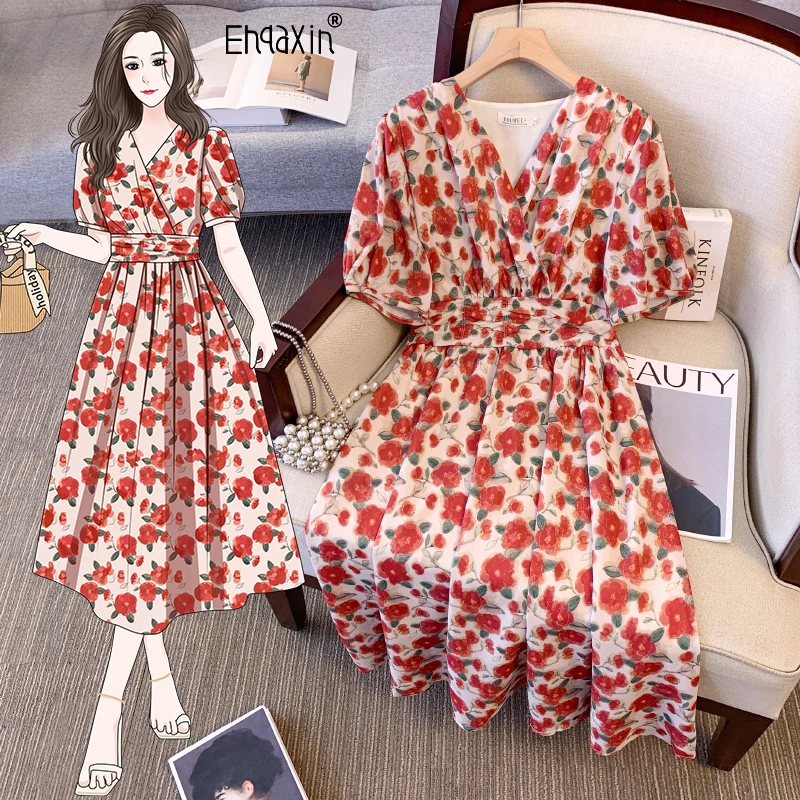 

EHQAXIN Summer Women's Short Sleeved Dress Fashion 2024 New V-Neck French Retro Style Rose Printed A-Line Chiffon Dresses S-3XL