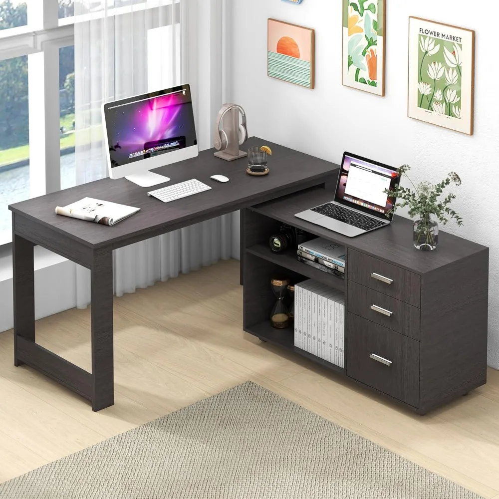 Computer Desk L Shaped with Drawers, Corner Desk with 3 Drawers and 2 Shelve, Executive Office Desk with Storage File Cabinet