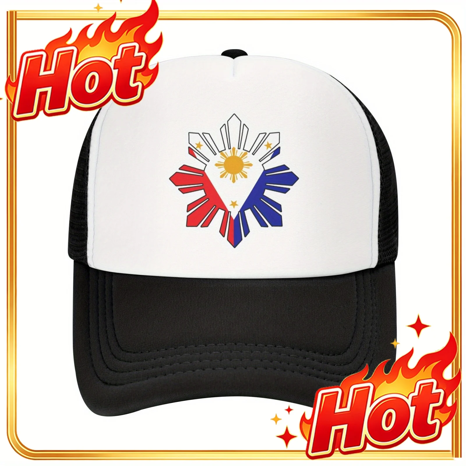 Custom Hat 1pc Funny Philippine Sun Flag Pattern Mesh Baseball Cap Men Unisex, Mesh-Back, Breathable, Adjustable Trucker Hat For