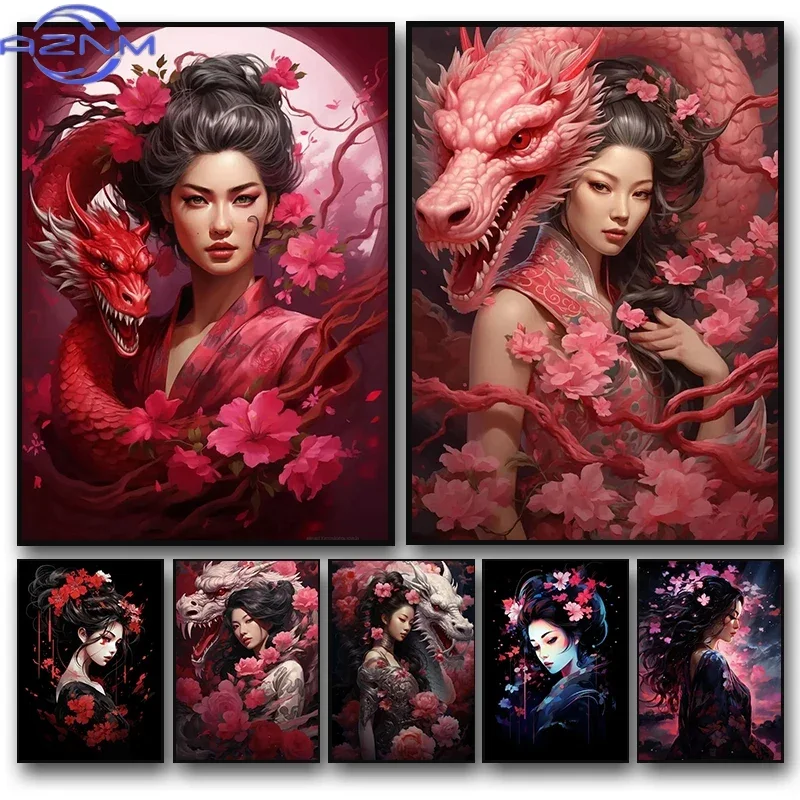 Vintage Japanese Geisha Woman Girls Samurai Sword Dragon Art Poster Canvas Painting Wall Prints Picture for Living Room Decor