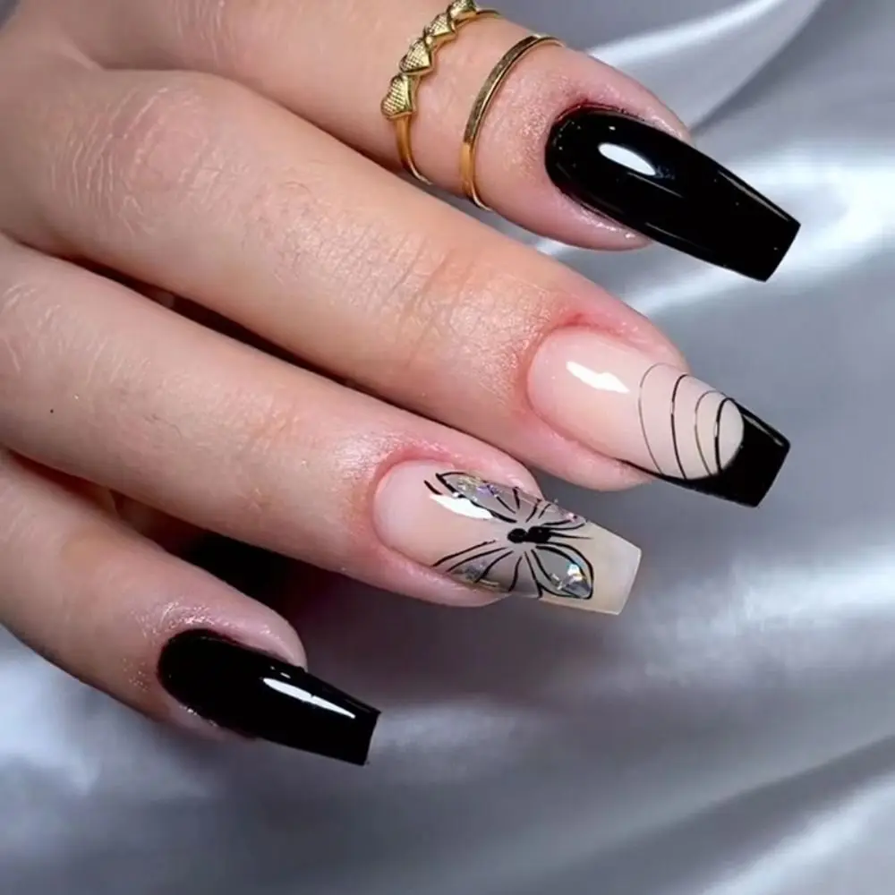 Long Ballerina False Nails French White Edge Black Butterfly and Purple Flowers Nail Tips Full Cover Detachable Fake Nails DIY