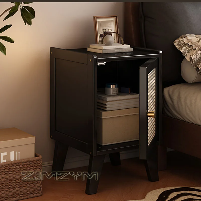 Bamboo Rattan Nightstand Single Door Closed Storage Bedside Cabinet Elevated Leg End Table for Bedroom Small Space view 3