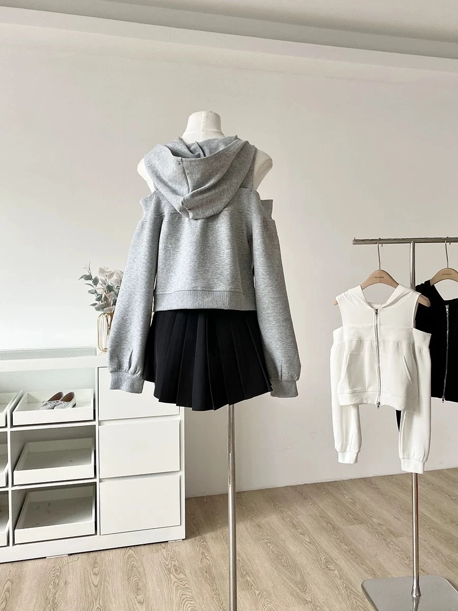 American Style Grey Hollow out Shoulder Hoodie Jacket Women's Autumn Winter Fashion Double Zipper Top Trendy Princess Sweet S...