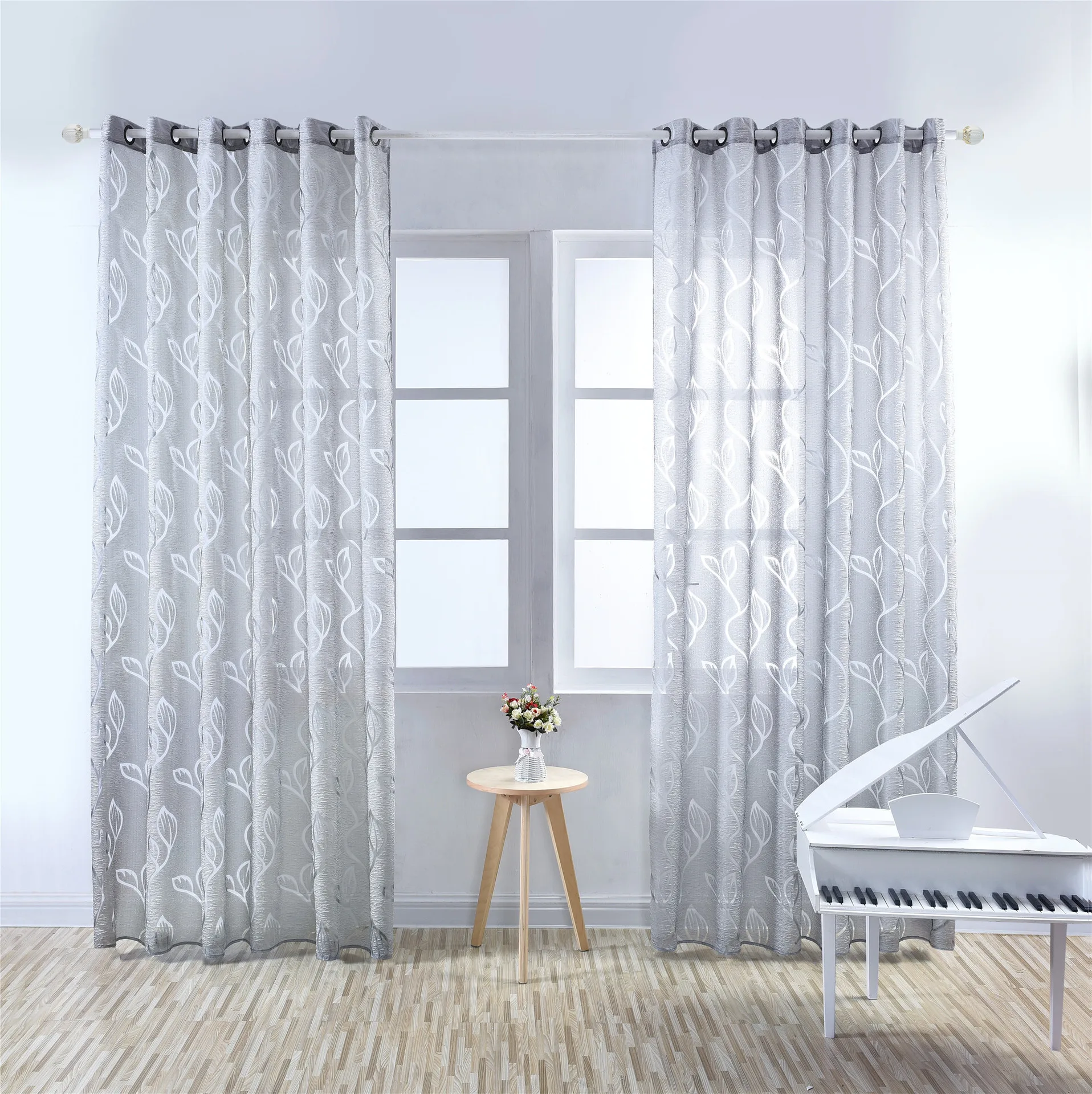 Curtain Leave Print Black Window Curtains Living Room Bedroom Sheer Seersucker Drape 2 Panels Grommet Top Modern Style Famhouse