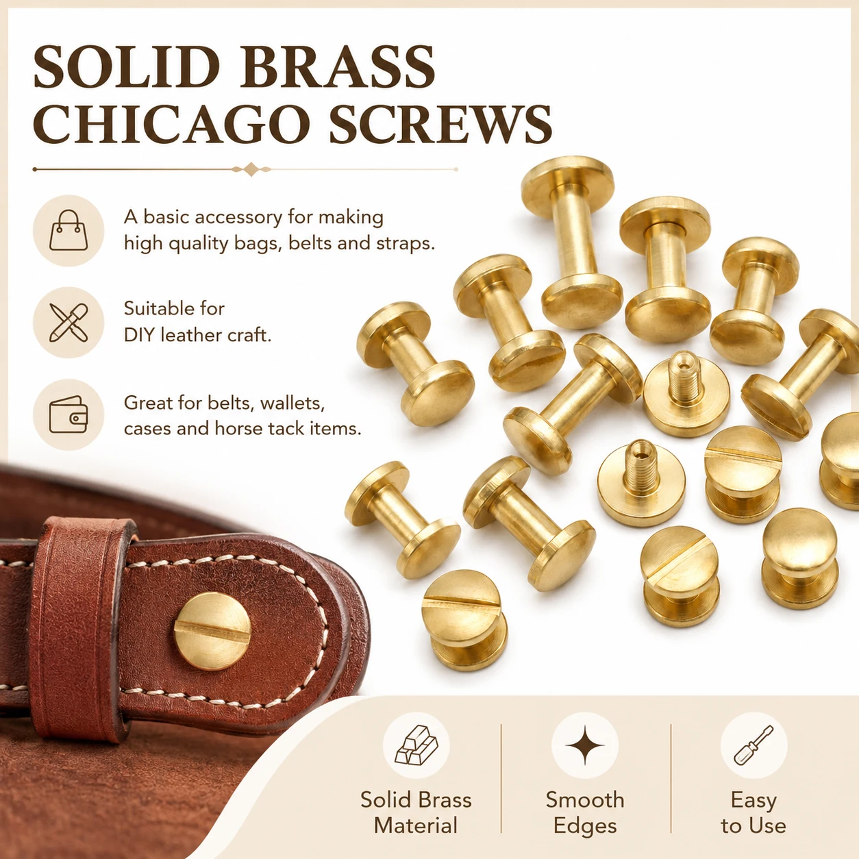 10-50Pcs 8mm 10mm Solids Brass Chicago Screws, Leather Craft Binding Post Screws 3-20mm Length Rivet Fasteners for Belt Wallet