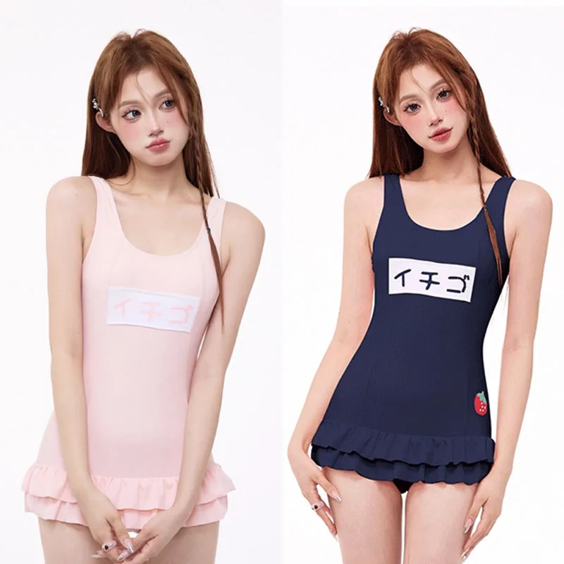 

Lolita Strawberry Ruffle One Piece Swimming Suit For Women Swimsuit Students School Swimwear Girl Cute Anime Cosplay Bodysuit