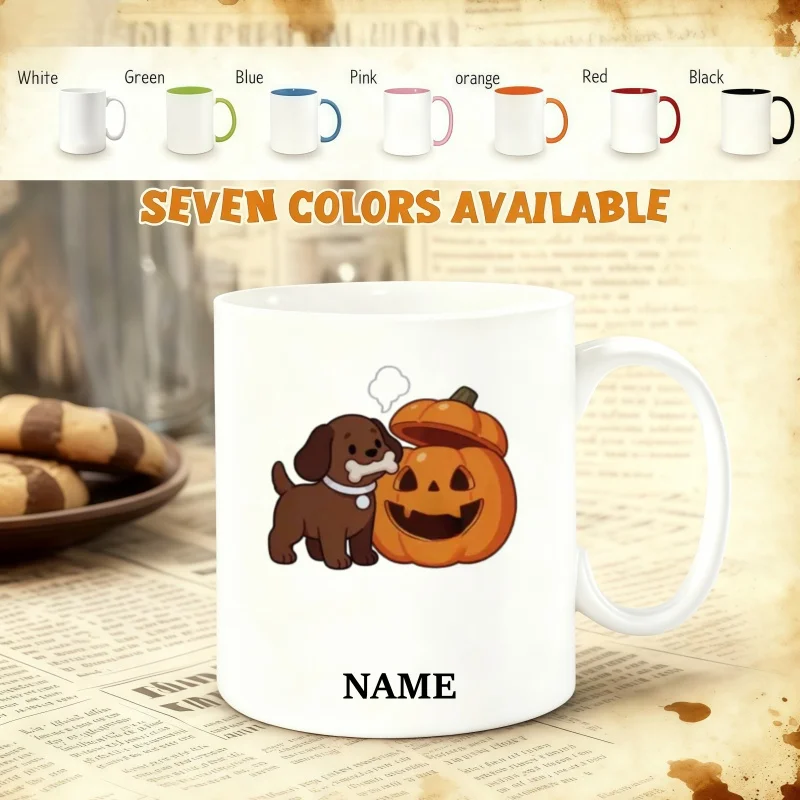 Customizable Name Mug - Cute Cartoon Brown Dog with Bone and Halloween Jack-o'-Lantern Design