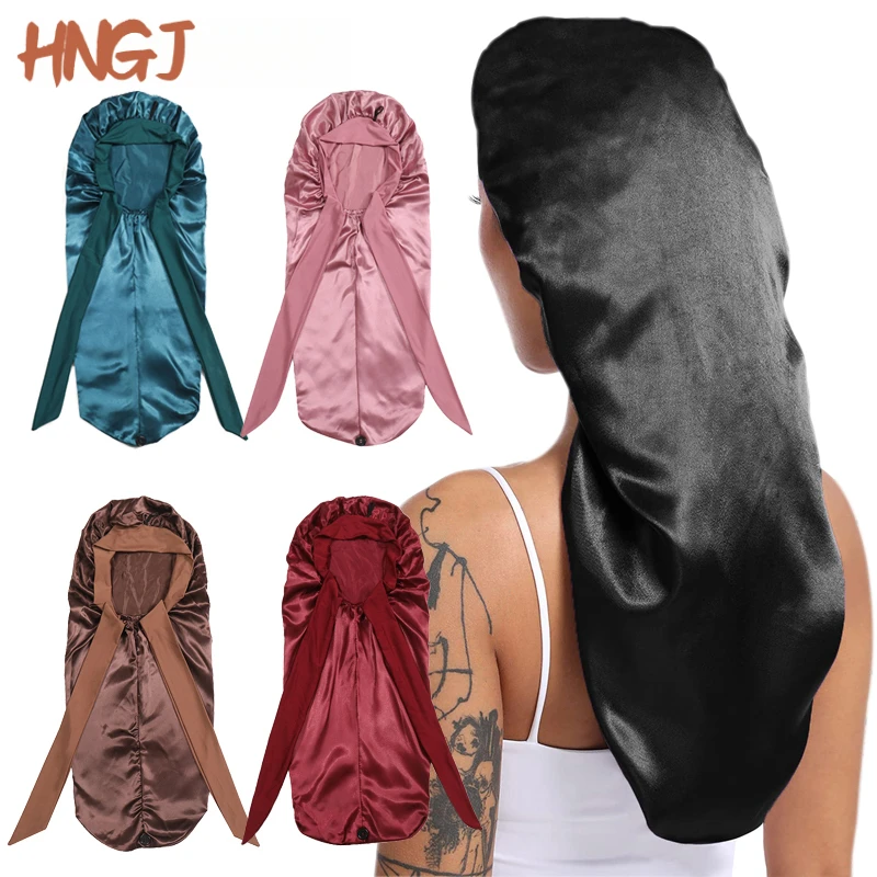 

Длинный атласный чепчик, однотонный, очень большой, шапочка для сна с длинной завязкой, чепчик для волос для чернокожих женщин, шапочка для ухода за волосами для всех типов волос