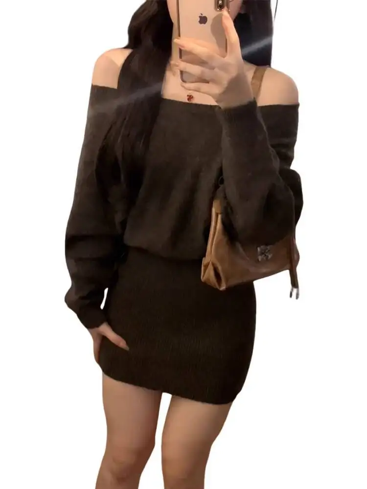 Women Knitting Dress With Belt 2025 Autumn New Women's Dress Off The Shoulder Long Sleeve Knit Slim Fit Bodycon Midi Dress