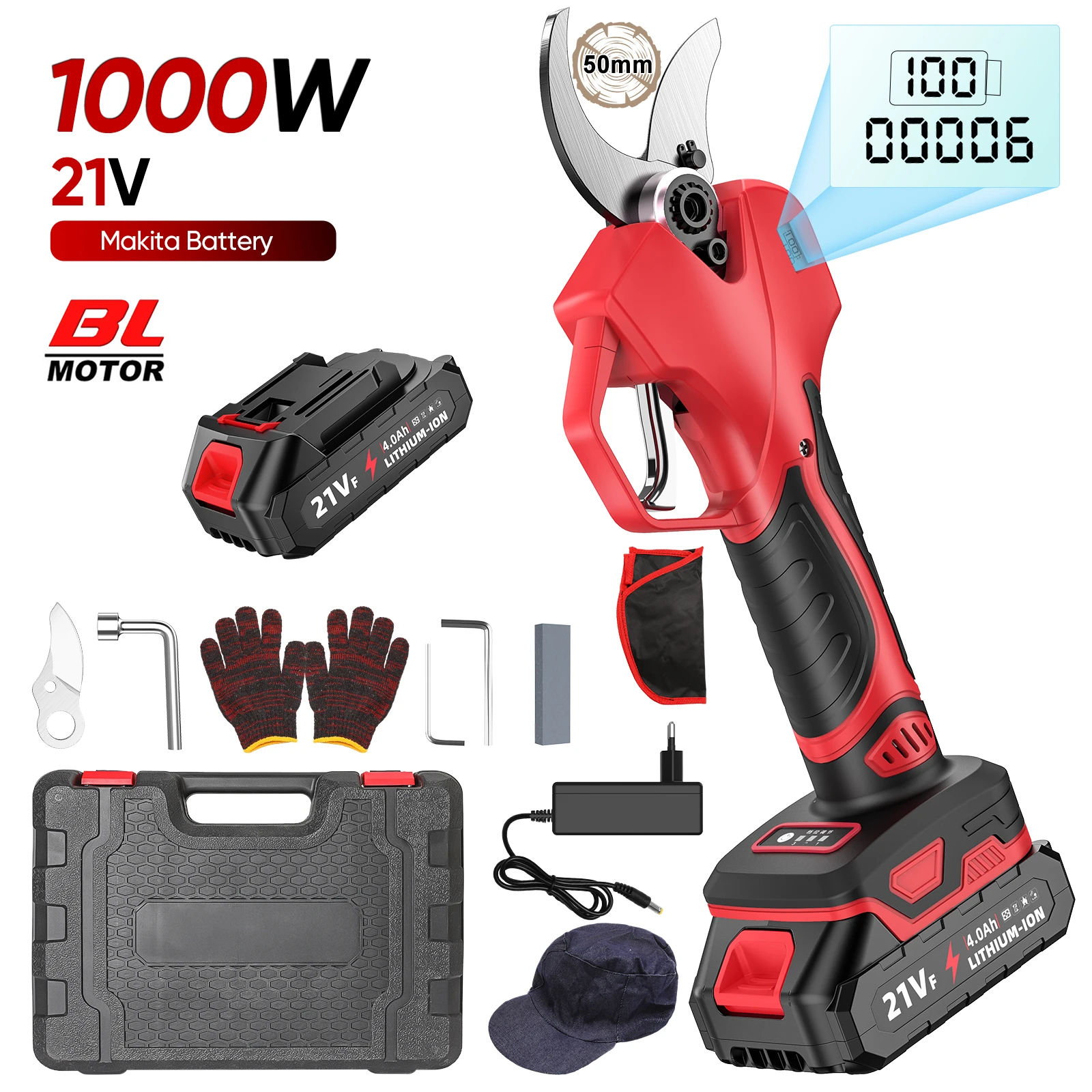 50-mm-Akku-Bürstenlose elektrische Gartenschere für Bonsai und Äste, Elektrowerkzeug für Makita mit 2 Akkus – Detail 1