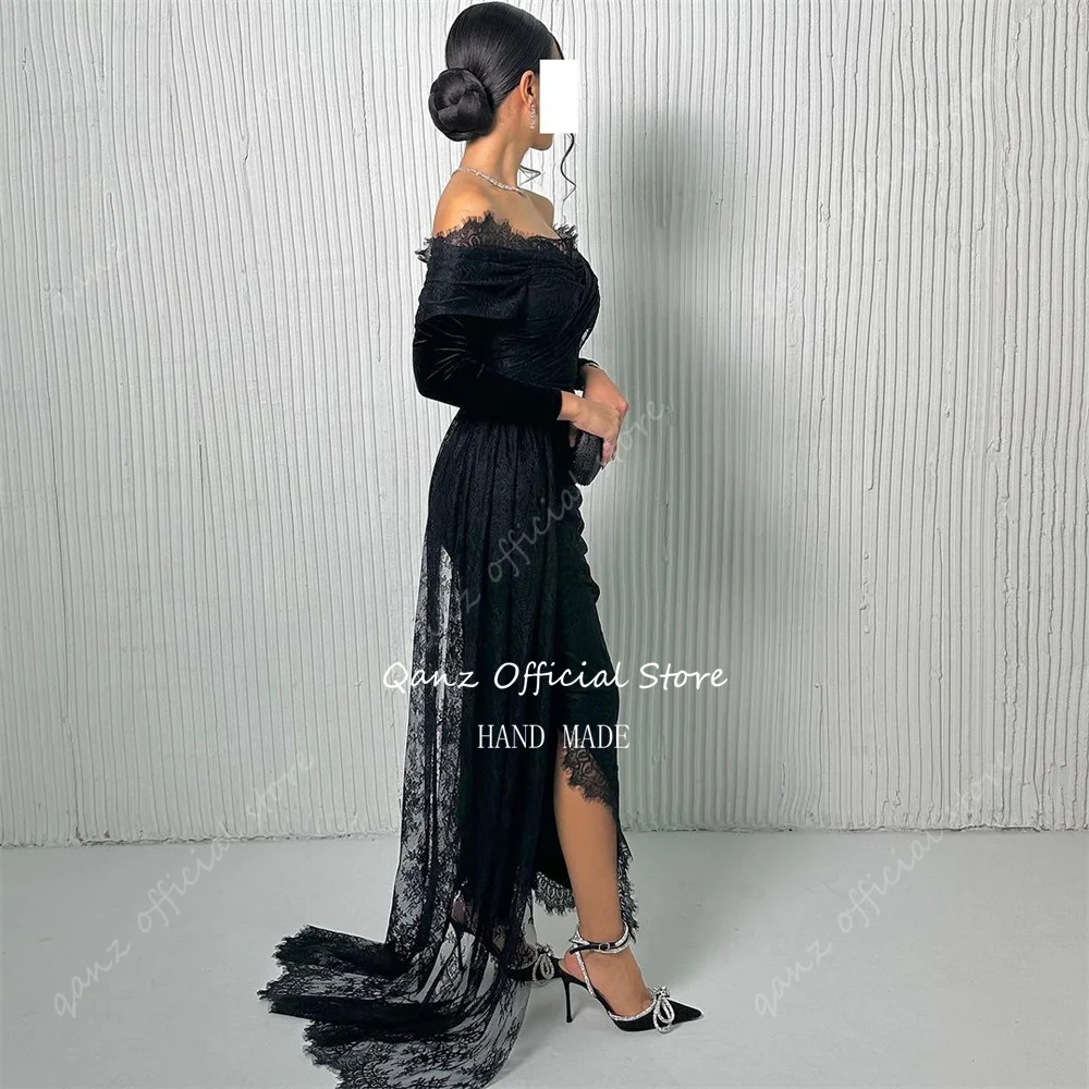 Qanz Saudi Arabia Black Lace Prom Dresses Off The Shoulder Mermaid Evening Dresses High Slit Abendkleider Luxus 2024 Customized