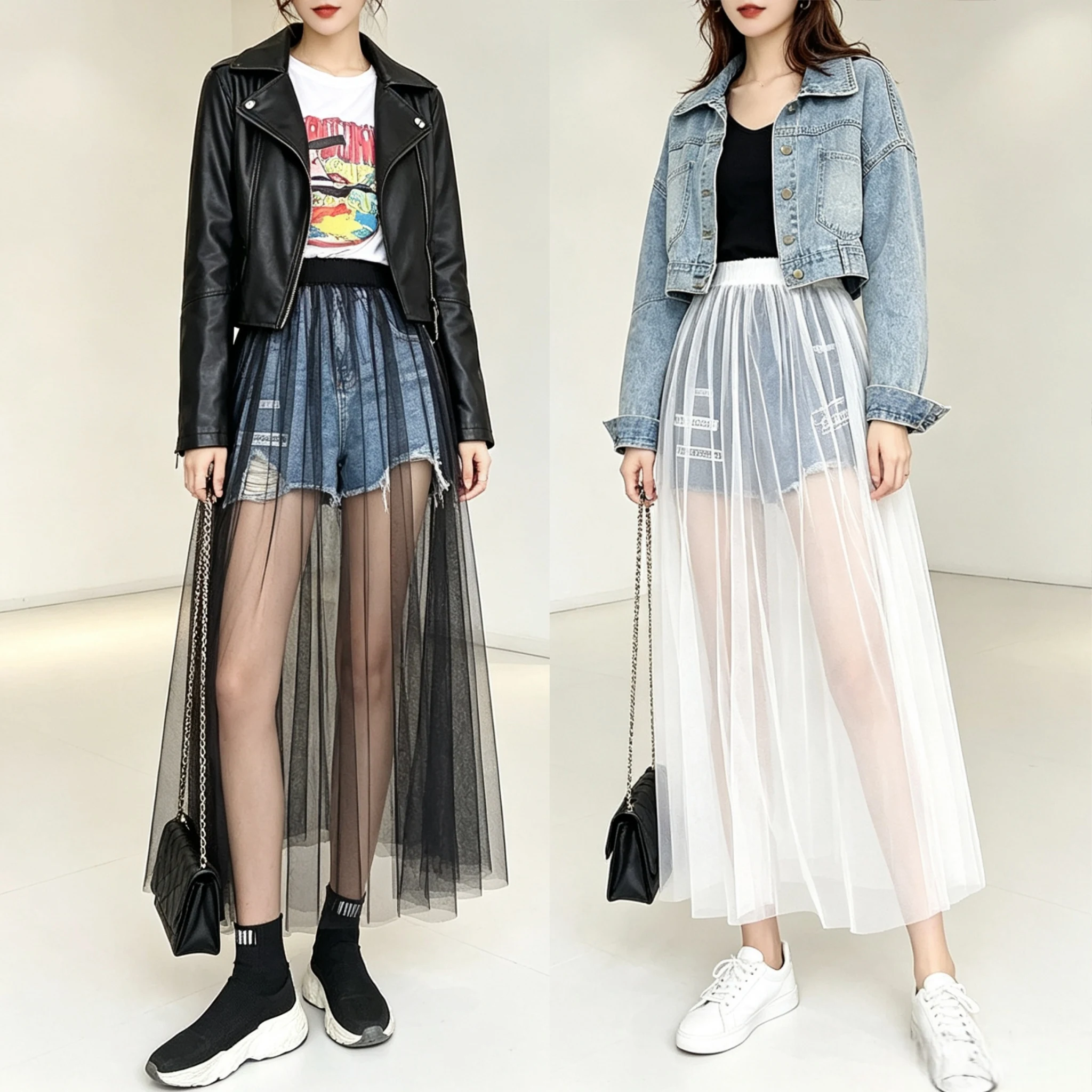 Women Perspective See-through Mesh Skirt Sexy Solid High Waist Skirts Fashion Black Female Skirts Single Layer Long Skirt Basics