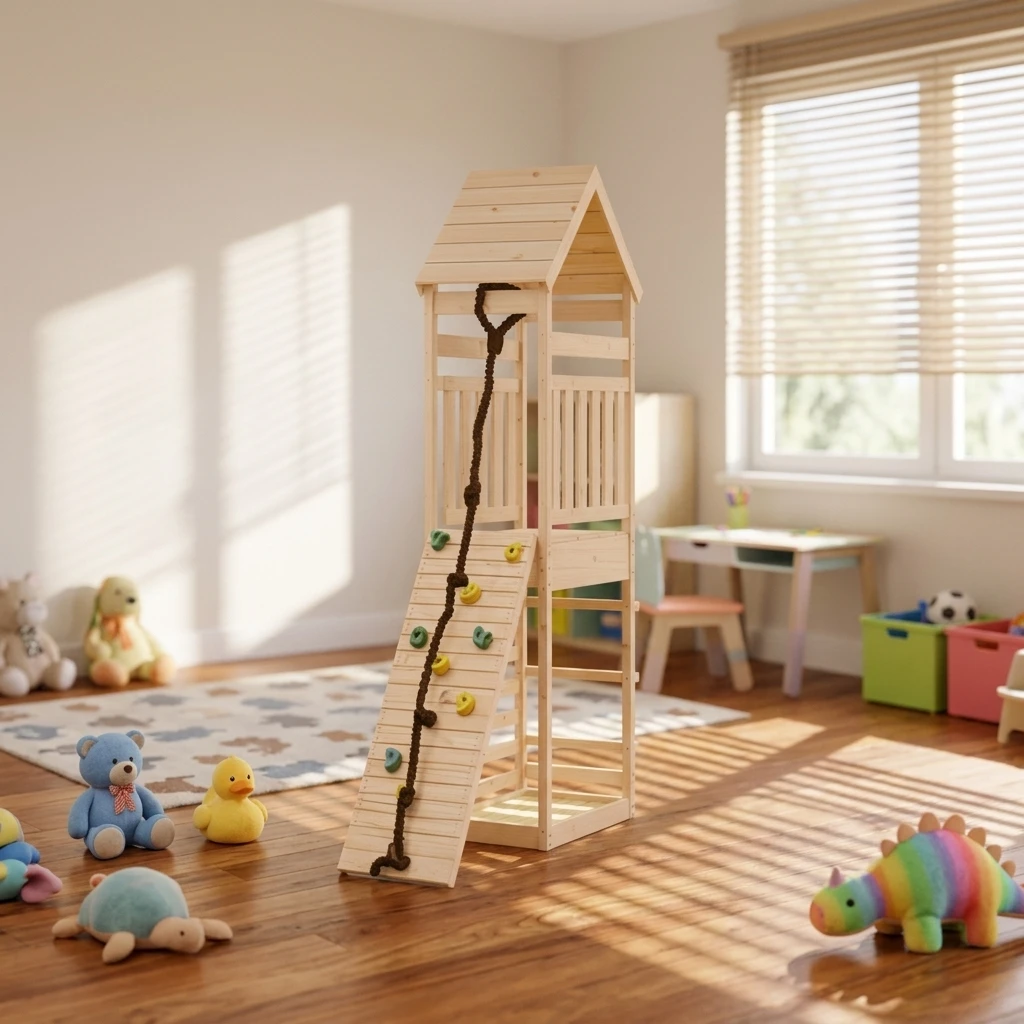 Solid Wood Chemical Pressure-Treated Waterproof Playhouse With Climbing Wall For Backyard 3-8 Year Olds