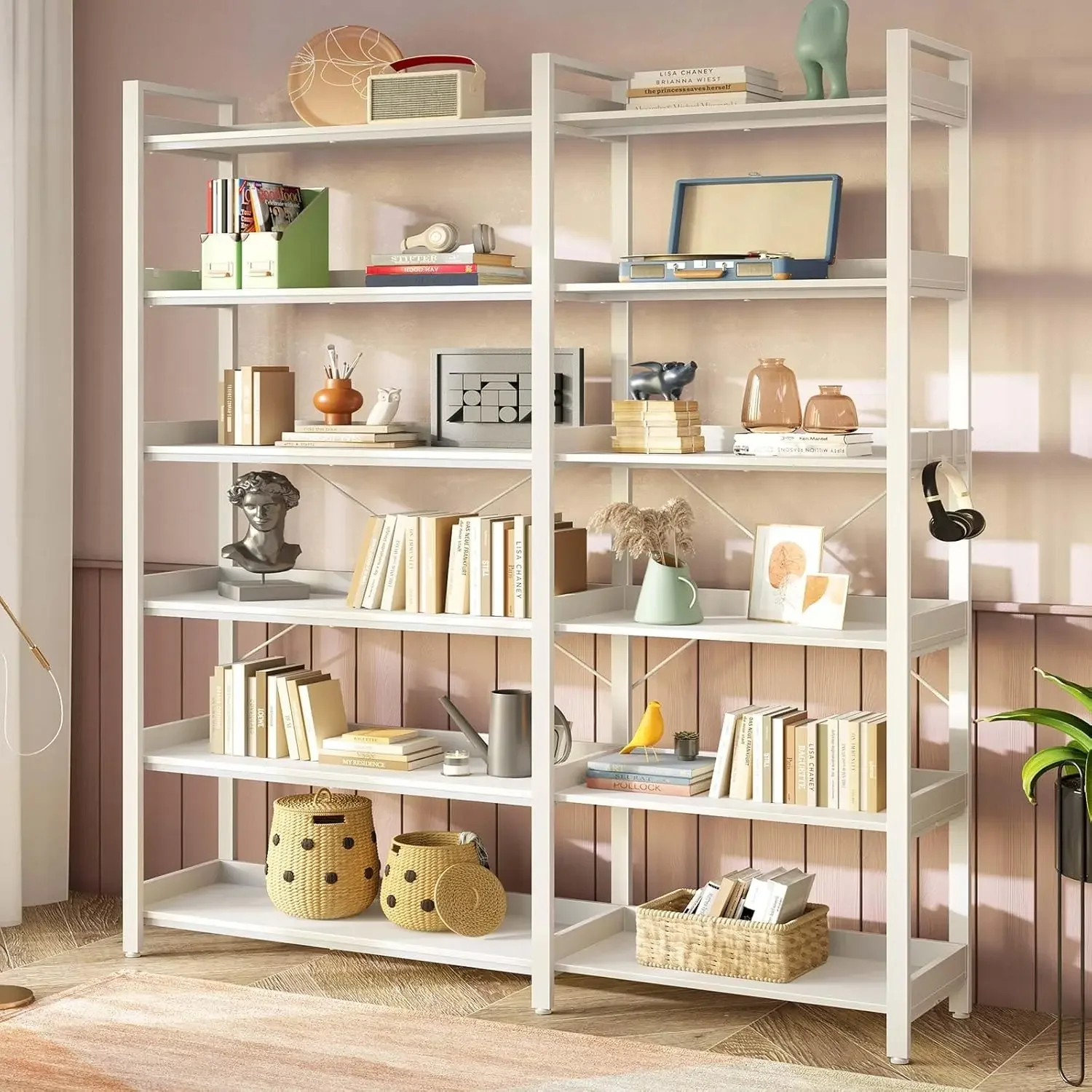[Discounted Price, Hot Sale!]5 Tier with 4 Hooks, Reversible Corner Bookshelf, 65" Industrial Wooden Bookcase with Open Shelves