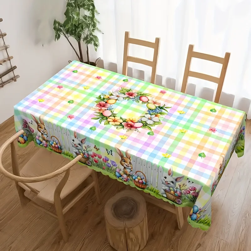 

Скатерть водонепроницаемая с рисунком пасхального кролика, яйца, тюльпаны, радужная клетка, декор для стола, кухонная скатерть в стиле фермерского дома, пасхальные украшения