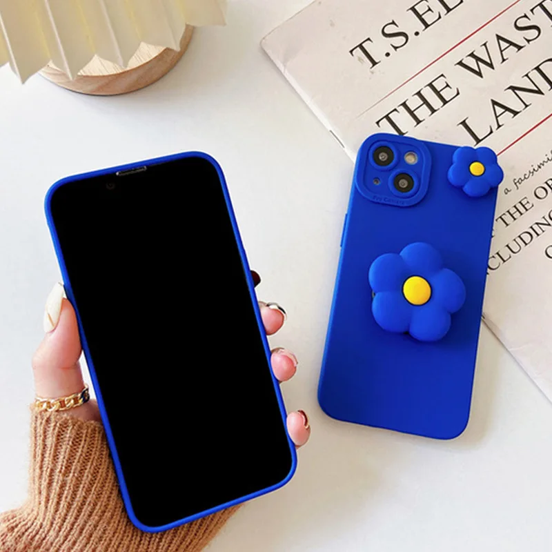 Korea 3D Flower Holder Stand Cover for Xiaomi Redmi Note 5 6 7S 8T 9S 9T 9 Pro Max 10S 10T Protective Soft Klein Blue TPU Case