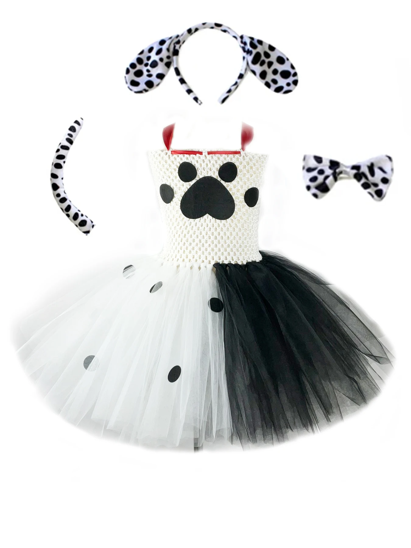 Dalmatian Dog Tutu Dress White Black Spotted Animal Halloween Costume Puppy Dressing Outfit