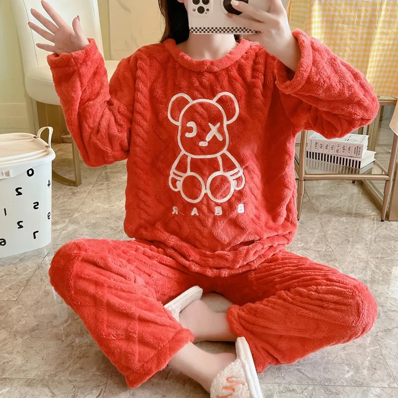 

Winter Flannel Sleepwear Bear Cartoon Cute Pijamas set Women and Men Matching Homewear Coral Fleece Couples Pajamas Set pyjama