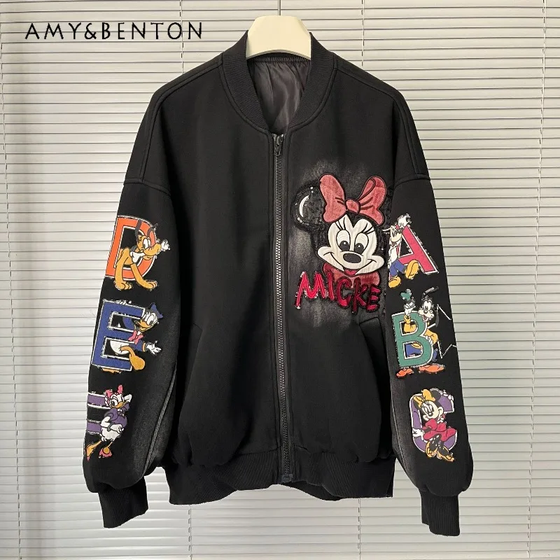 

2025 Autumn Kawaii Sweatshirt Top Heavy Industry Embroidery Cartoon Loose Long-sleeves Coat Fashion Age-Reducing Baseball Jacket