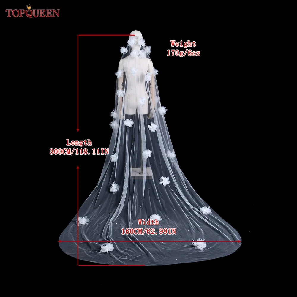 TOPQUEEN V259 Perle Fiori 3D Velo da sposa Veli da sposa Lungo Veu Sposa 3 metri Cattedrale Goccia Velo Velo da sposa bianco puro