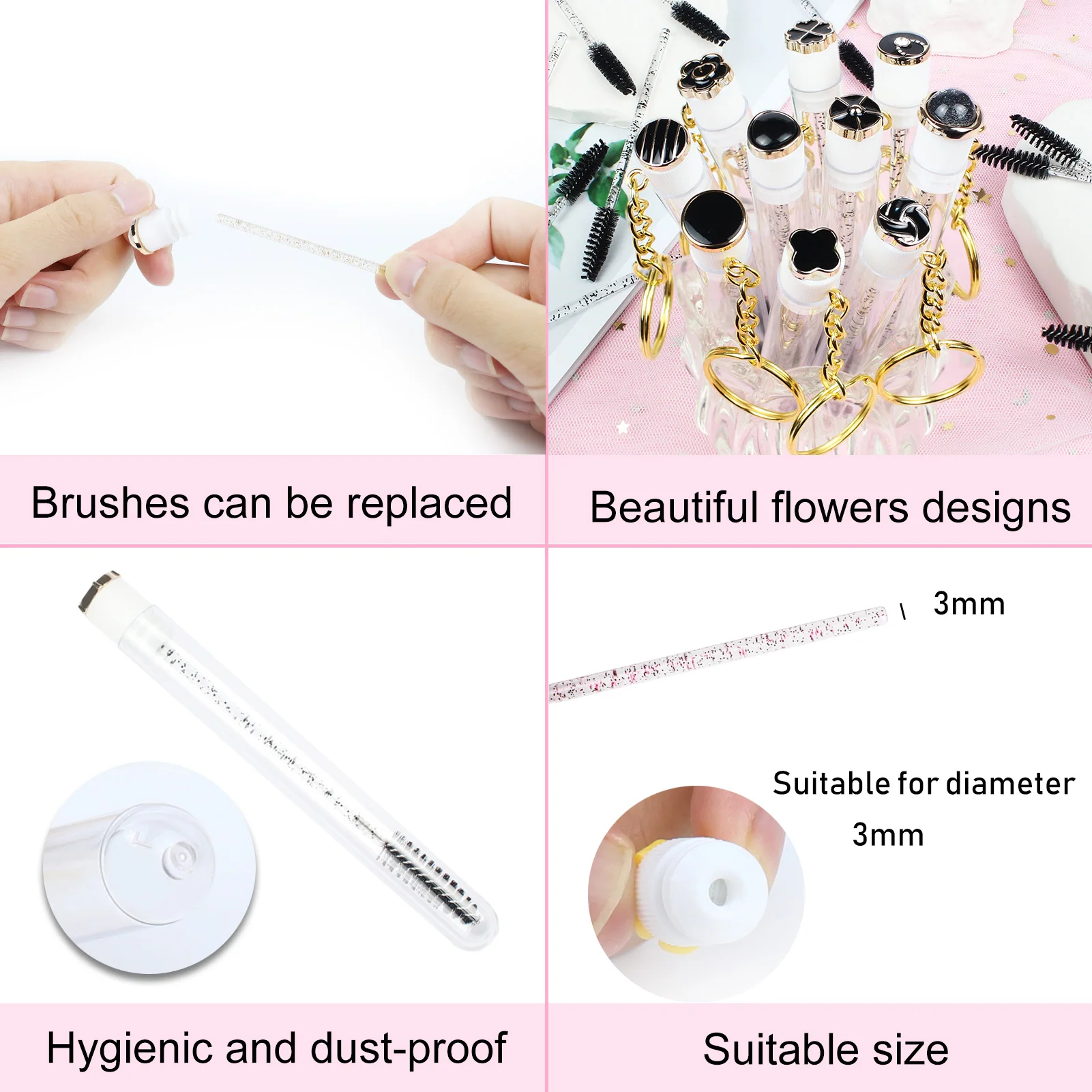 10 قطعة عصي الماسكارا أنبوب مع المفاتيح قابلة لإعادة الاستخدام لاش Spoolies الأسود الكلاسيكي رمش فرشاة أنابيب Spoolies لاش تمديد فرش