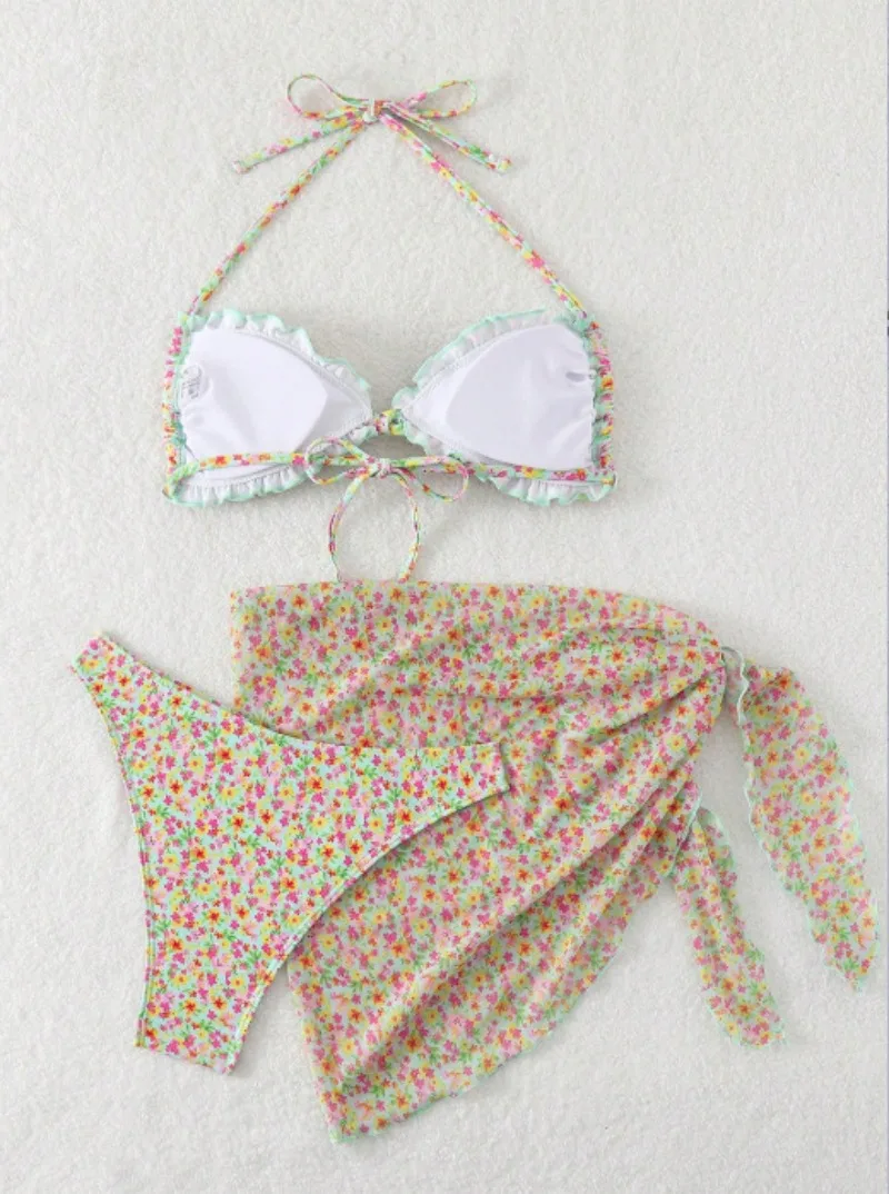 セクシーなフラワープリントフリルマイクロホルタービキニセット 3 個メッシュカバースカートビーチ衣装水着水着水着