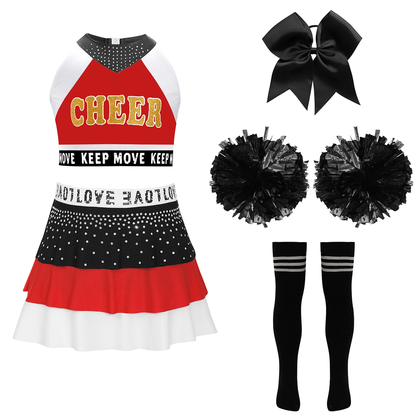 Kinderen Meisjes Cheer Uniform Cheerleading Jazz Dansvoorstelling Kostuum Mouwloze Crop Top met Rok Hoofddeksels Bloemballen Sokken