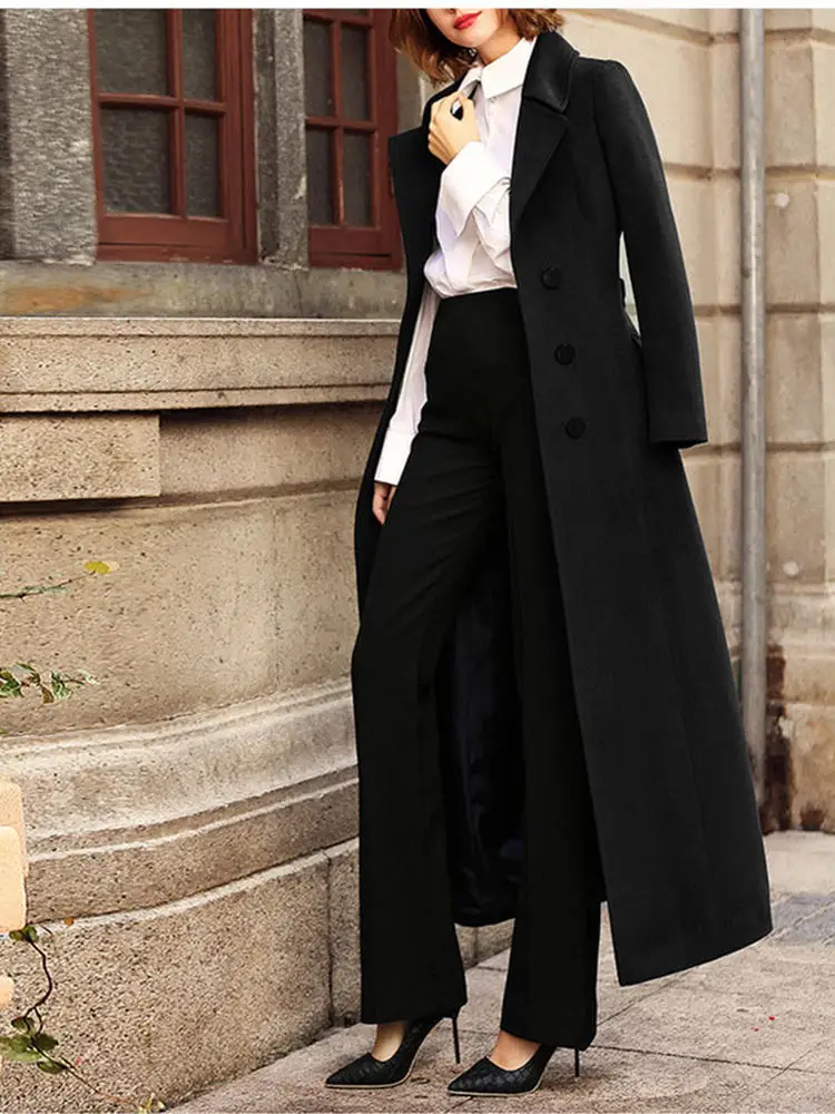 

2025 Autumn Winter Long Woolen Coat Women's Slim Fit Knee-Length Faionable Outerwear Commute Sle Polyester Fiber