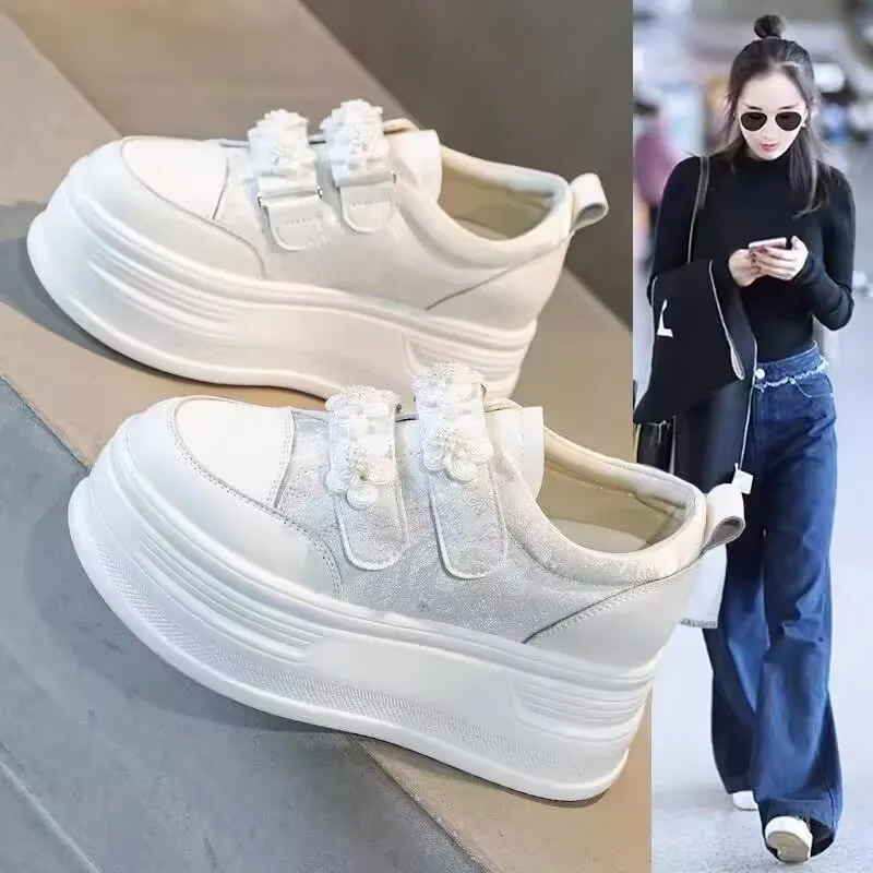 

Flowers Woman Platform Sneakers Wedge Shoes 2025 Spring Autumn Female 8cm Height Increasing Casual Shoes Students Canvas Shoes