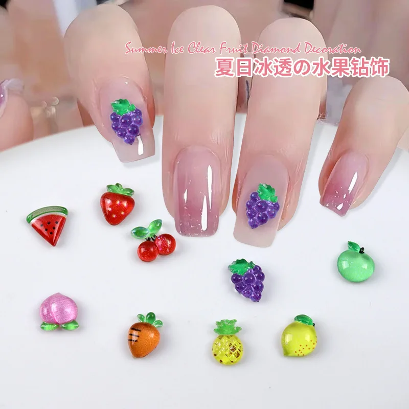 30PCS Ice Translucent 3D Vivid Cartoon Fruit Watermelon Grape Peach Apple Resin Nail Art Rhinstones Decorations Manicure Charms