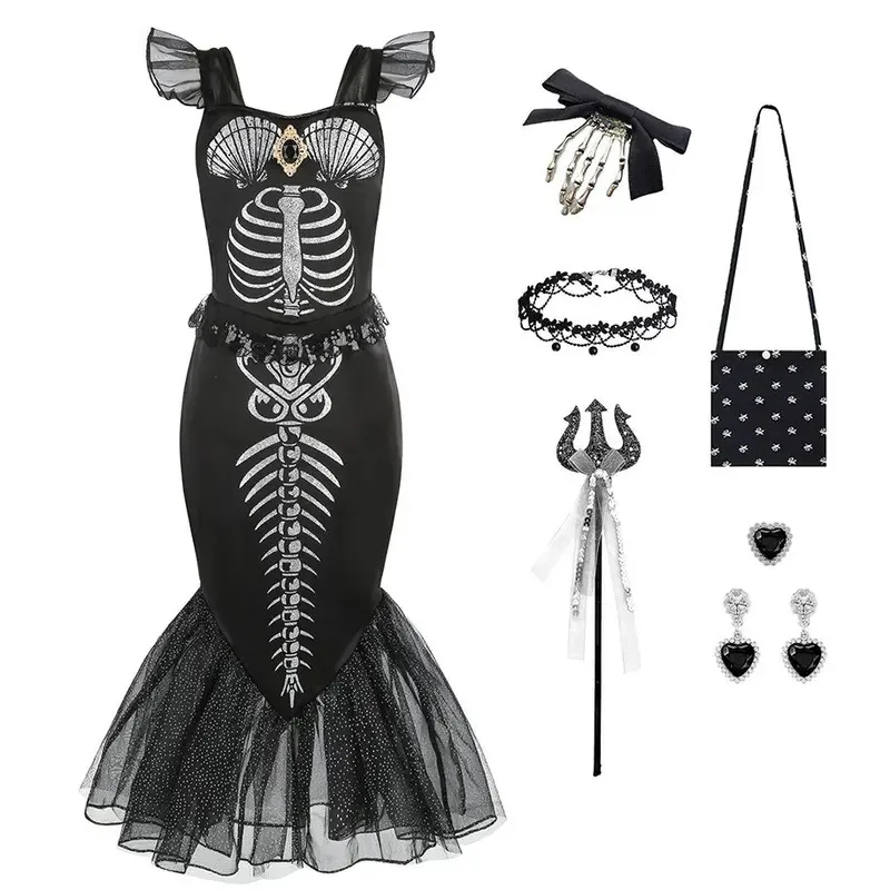 Kids Halloween Skeleton Mermaid Costume Black Princess Fishtail Dress Scary Zombie Queen Outfits