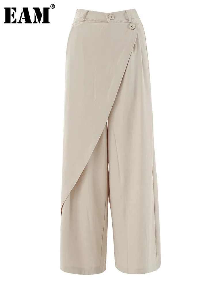 [EAM] High Waist Khaki Irregular Spliced Long Wide Leg Elegant Pants New Trousers Women Fashion Tide Spring Autumn 2025 CPG2117