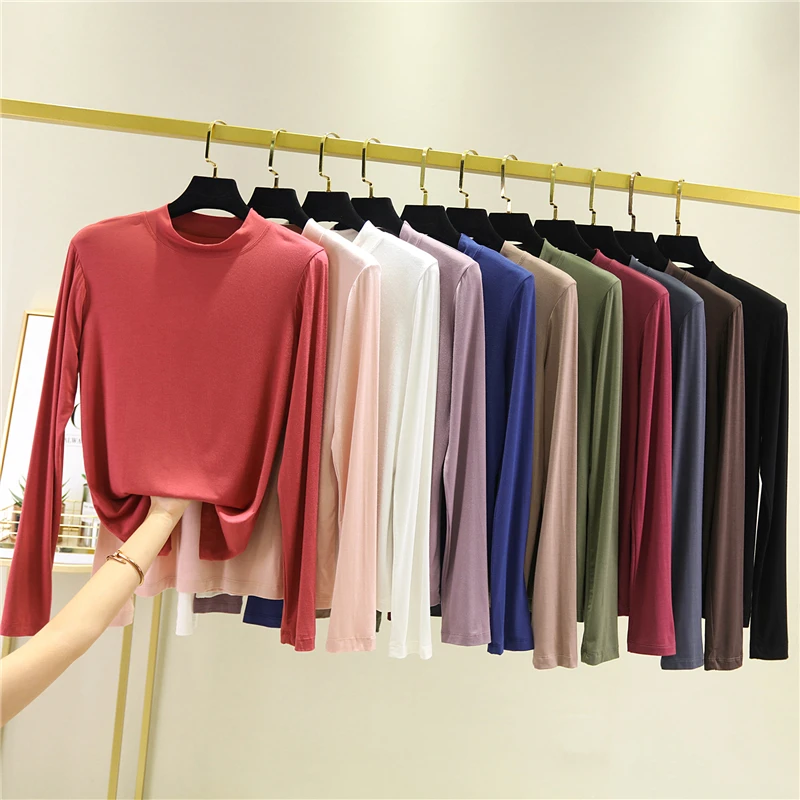 Spring Autumn Modal Bottoming Shirt Women  Long-Sleeve T Shirt Solid Color Half-Collar Slim Fit Spring O Neck T Shirts