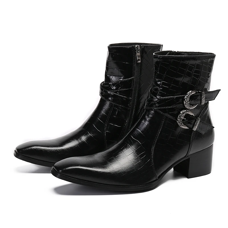 Italian Dress Boots Men Pointed Toe High Heels Western Styles Black Double Buckle Cowboy Boots Shoes Man Sapatos Social