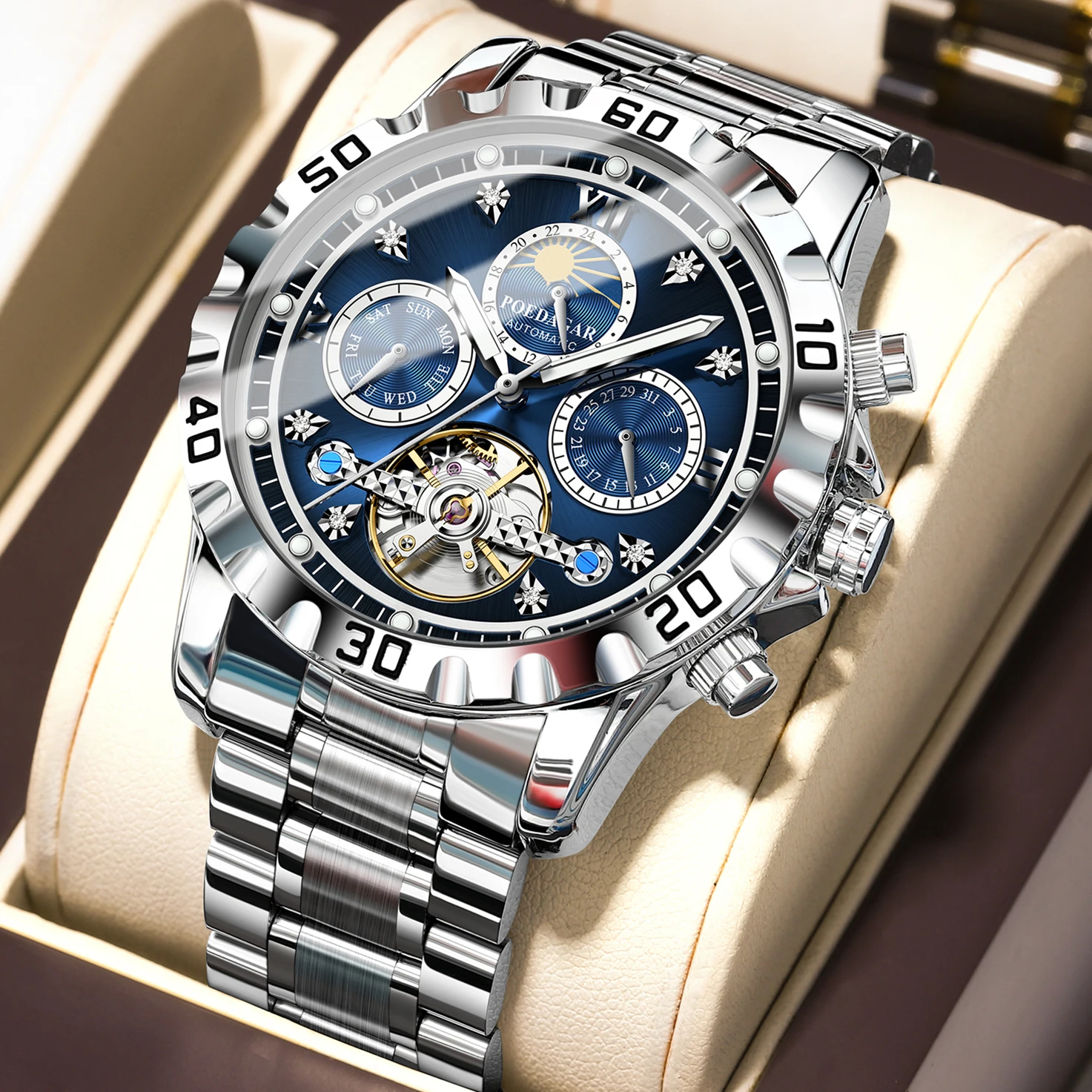 POEDAGAR Fashion Luxury Men Wristwatch Mechanical Waterproof Man Watch Hollow Tourbillon Automatic Stainless Steel Men's Watches