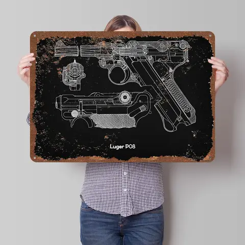 Luger P08 Poster Customized Wall Art Vintage Metal Signs Retro Tin Plaque for Man Cave Room Decoration At Home Bar Accessories