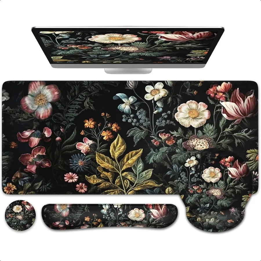 

Desk Cover Mat 4in1 Floral Large Mouse Pad with Wrist Rest Desk Matt for Desktop AntiSlip XXL Big Computer Ergonomic Mousepad w