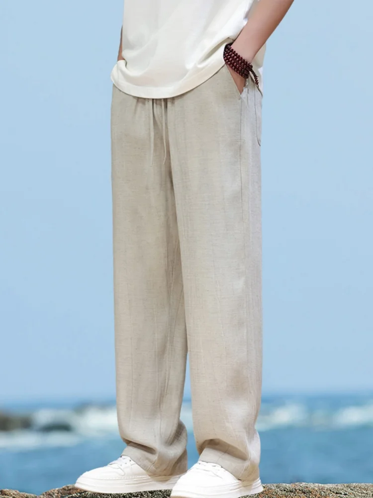 

Anti-Wrinkle Cotton Linen Men's Summer Thin Straight Leg Casual Pants Wide Leg Long Trousers Pure Color Drapey Loose Fit