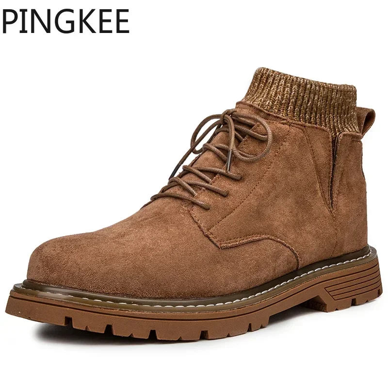 PINGKEE Men's Martin Boots Stretch Knit Padded Collar Comfort Casual Suede  Shoes Sneakers Winter Hiking Boots For Men