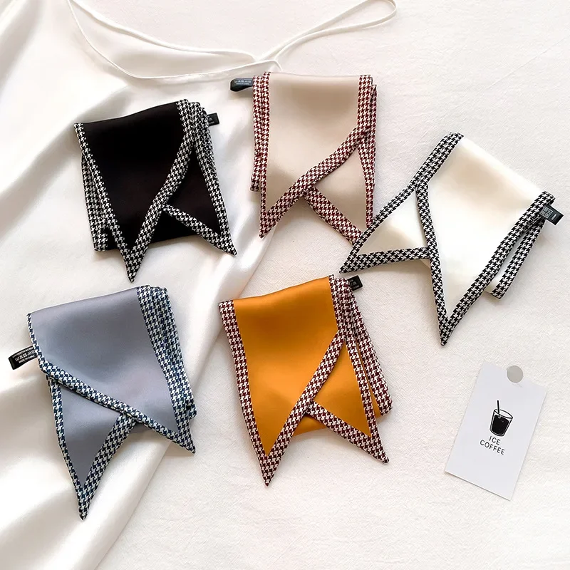 New Style Houndstooth Print Thin Narrow Long Decorative Scarf Women Bag Ribbon Wrist Imitation Silk Fashion Scarves Female
