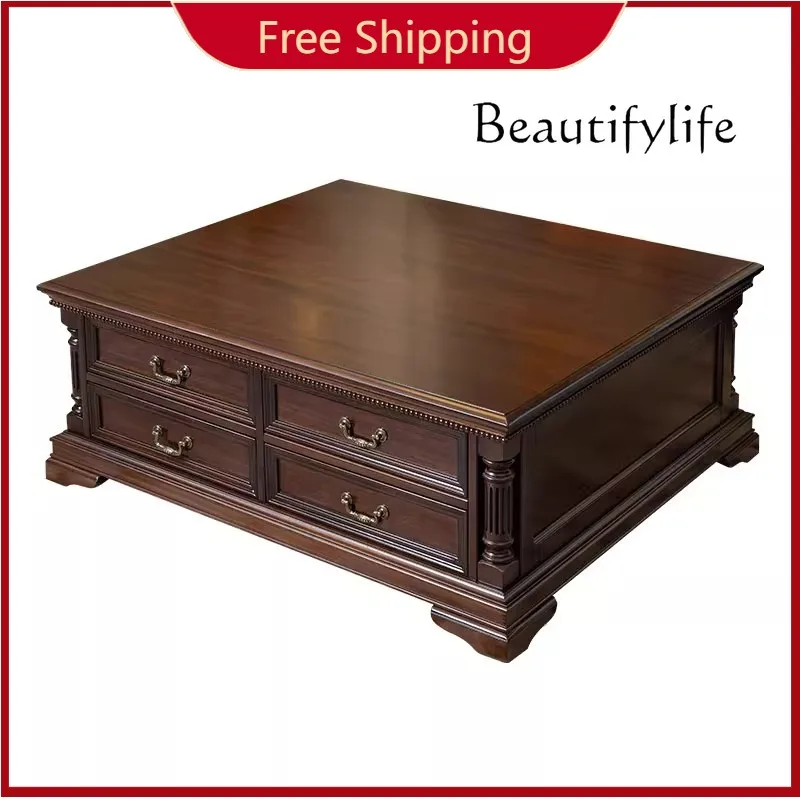 

Журнальный столик C в американском стиле ретро, квадратный стол из цельного дерева с ящиком для хранения, роскошное хранилище в гостиной